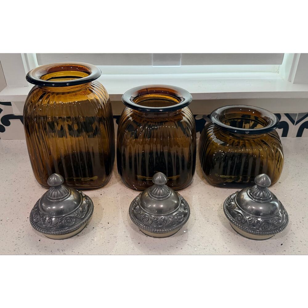 Set of 3 Artland Apothecary Amber Ribbed Jar Canister w/ Pewter Lids - Picture 2 of 8